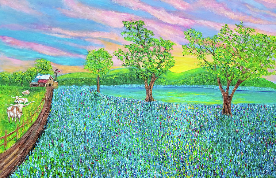 Sunset Painting - Bluebonnets of Texas by Mike De Lorenzo