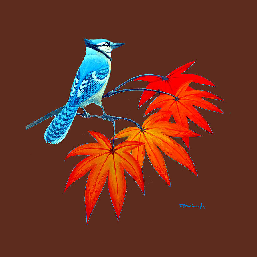 Bluejay on Fall Leaves Clear Painting by Duane McCullough