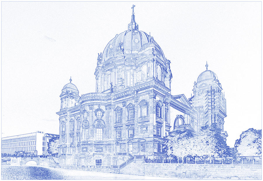 Blueprint Drawing - Church by ocean Painting by Celestial Images