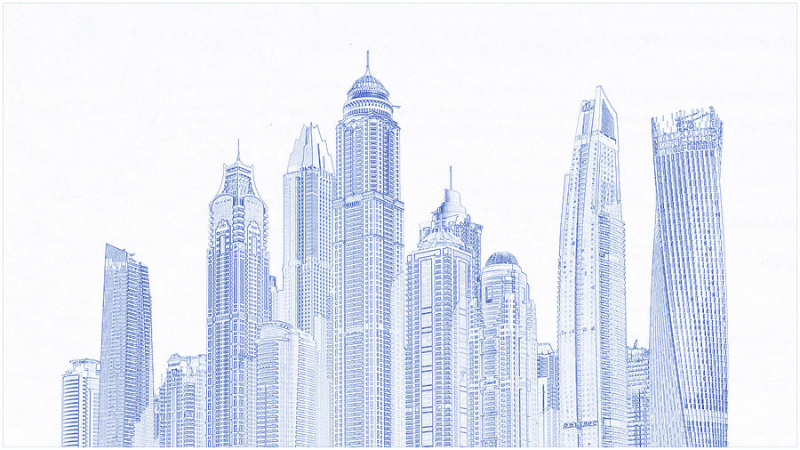 Blueprint Drawing - Landmark - Dubai Skyline Painting by Celestial Images