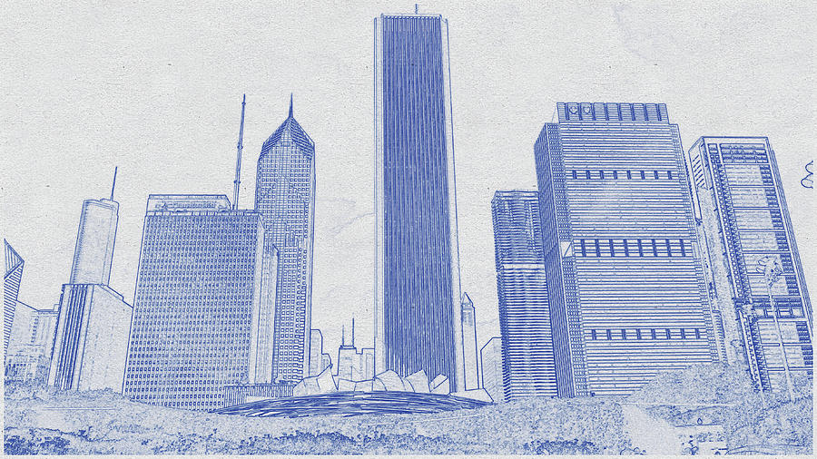 Blueprint drawing of Chicago Skyline, Illinois, USA - 34 Digital Art by Celestial Images