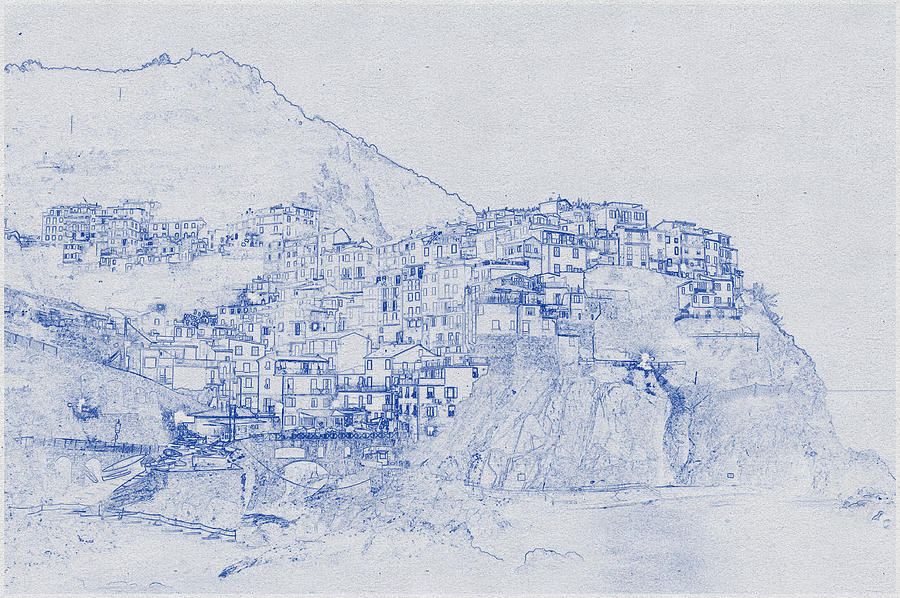 Blueprint drawing of Cinque Terre Digital Art by Celestial Images