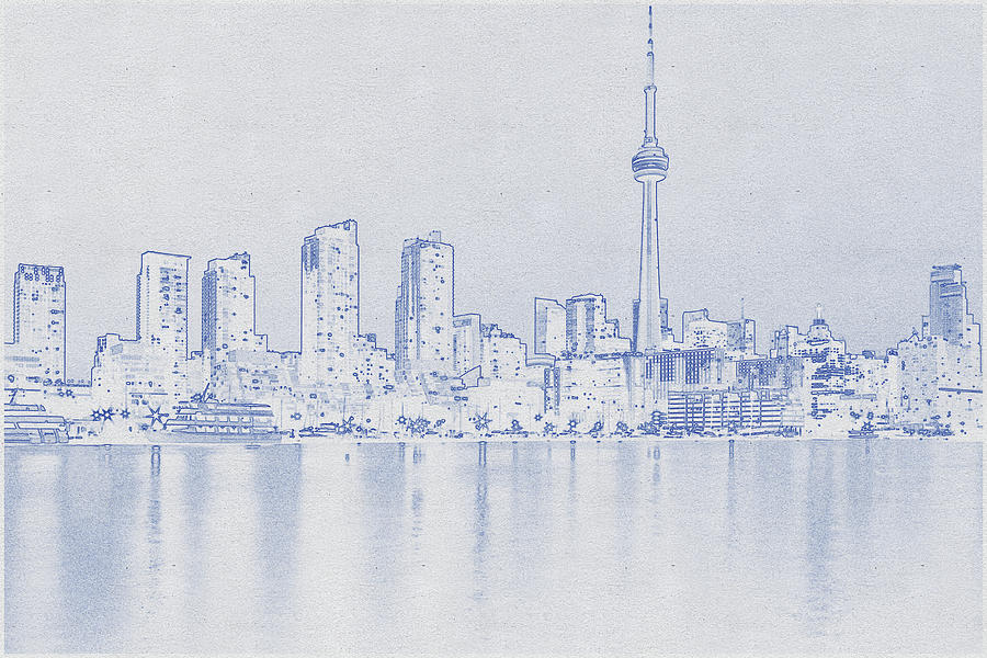 Blueprint drawing of City Buildings Beside Body of Water Digital Art by Celestial Images