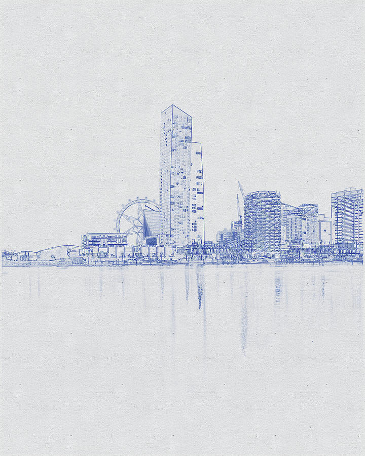Blueprint drawing of City Skyline Across Body of Water during Night Time_0002 Digital Art by Celestial Images