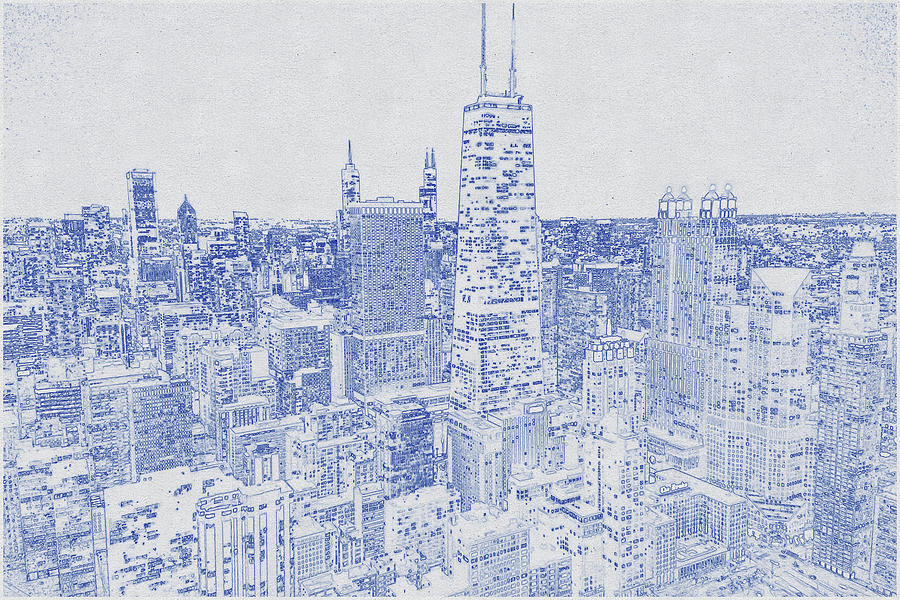 Blueprint drawing of City Skyline during Night Time Digital Art by Celestial Images