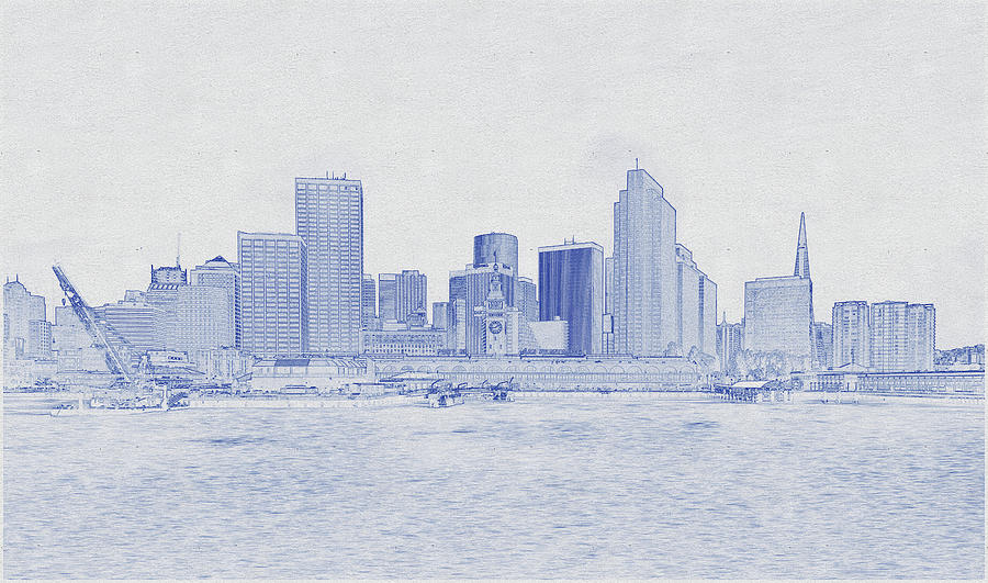 Blueprint drawing of City Skyline - San Francisco Digital Art by Celestial Images