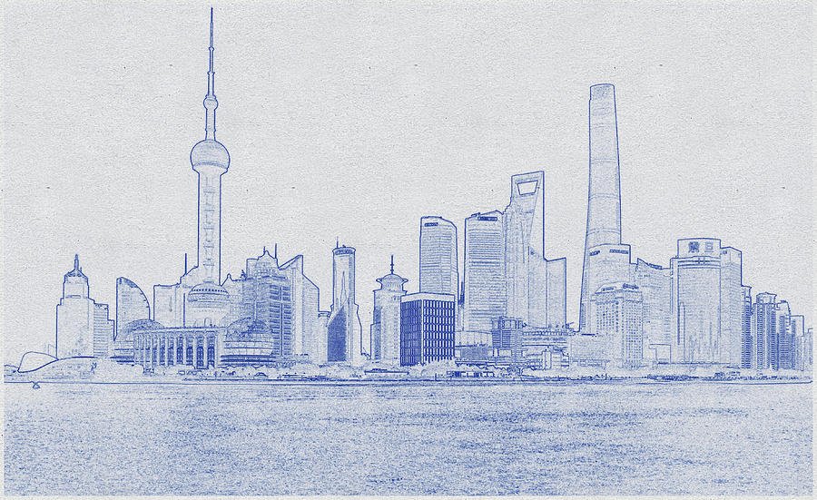 Blueprint drawing of City Skyline - Shanghai, China 2 Digital Art by Celestial Images