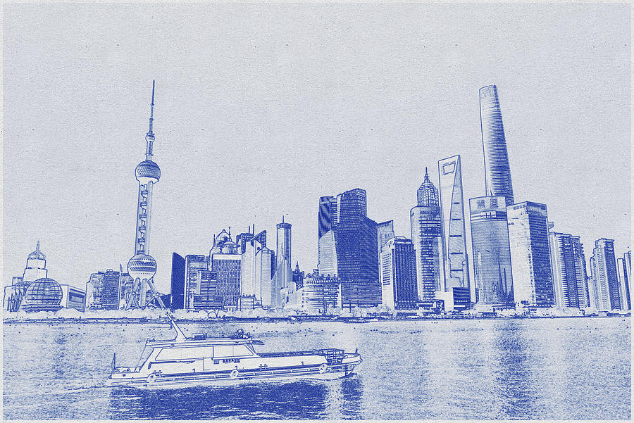 Blueprint drawing of City Skyline - Shanghai, China Digital Art by Celestial Images