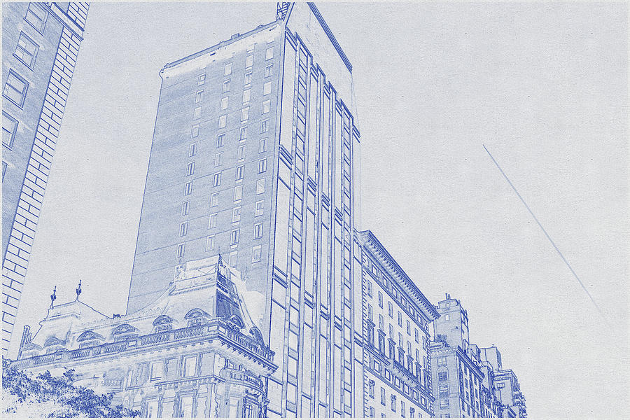 Blueprint drawing of City street with modern and classic buildings Digital Art by Celestial Images