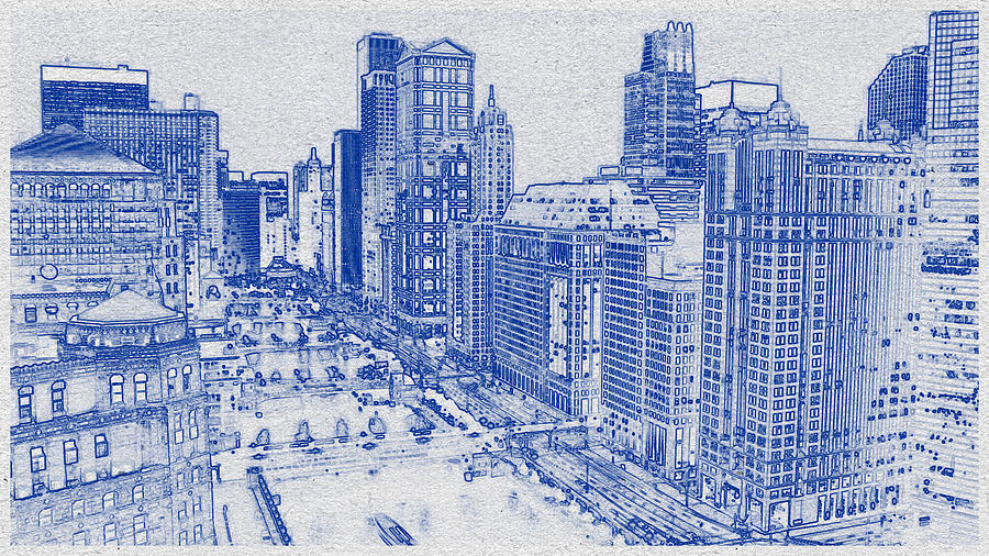 Blueprint drawing of Cityscape 12 Digital Art by Celestial Images