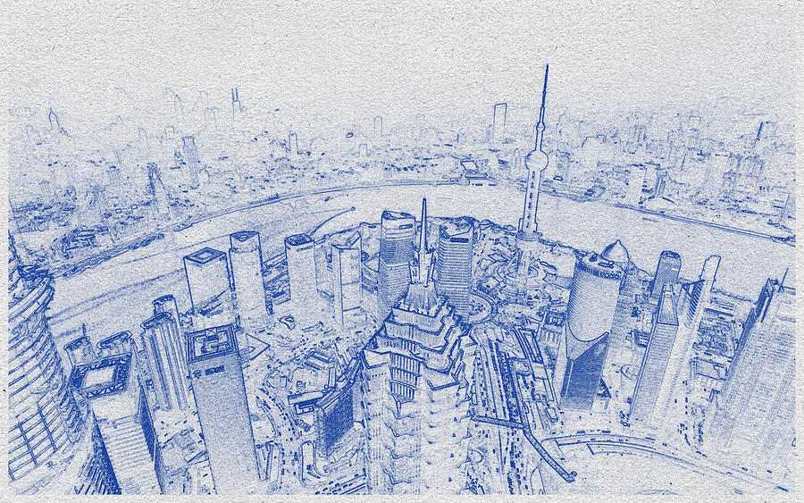 Blueprint drawing of Cityscape 44 Digital Art by Celestial Images