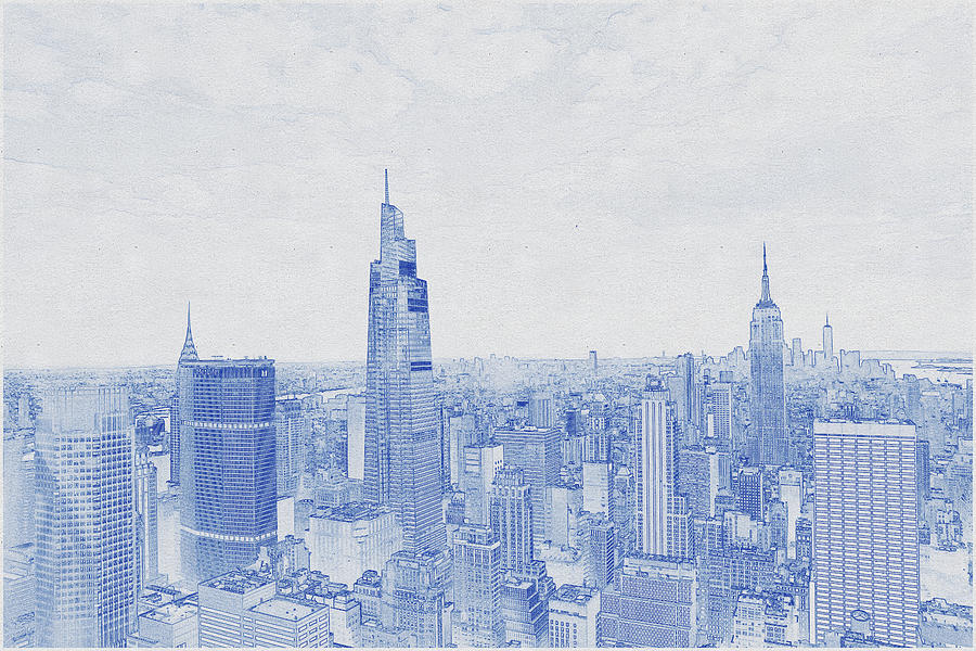 Blueprint drawing of Cityscape with contemporary buildings Digital Art by Celestial Images