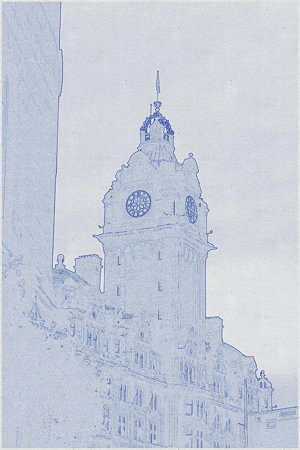 Blueprint drawing of Clock tower under grey sky Digital Art by Celestial Images
