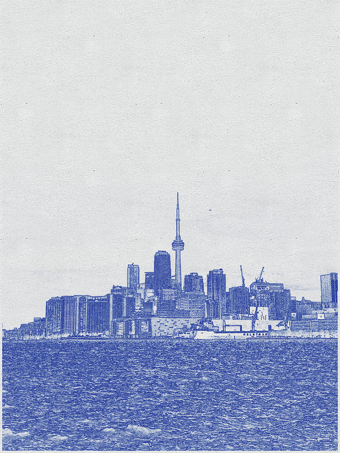 Blueprint drawing of Coastal cityscape with tower at sunset time Digital Art by Celestial Images