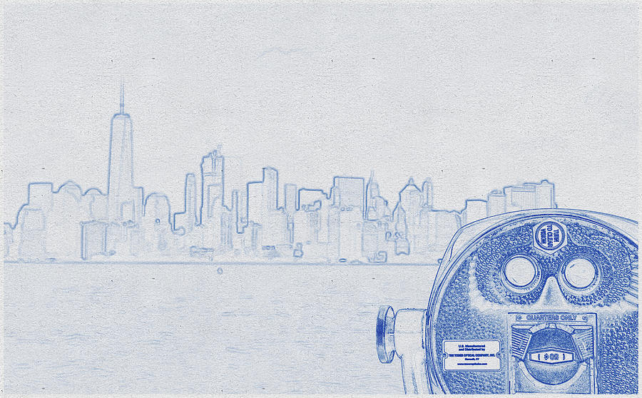 Blueprint drawing of Coin-operated Binoculars With View of New York City Digital Art by Celestial Images