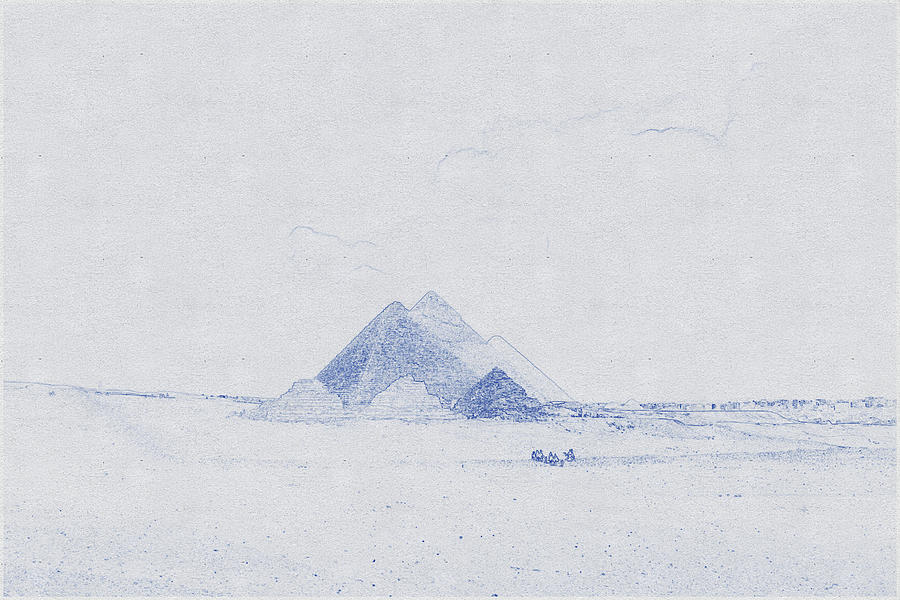 Blueprint drawing of Desert landscape with dunes and Pyramid of Cheops Digital Art by Celestial Images
