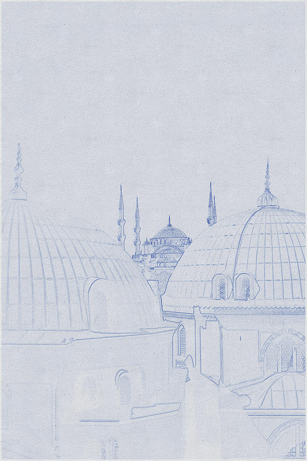 Blueprint drawing of Domed Mausoleum mosque with high towers Digital Art by Celestial Images
