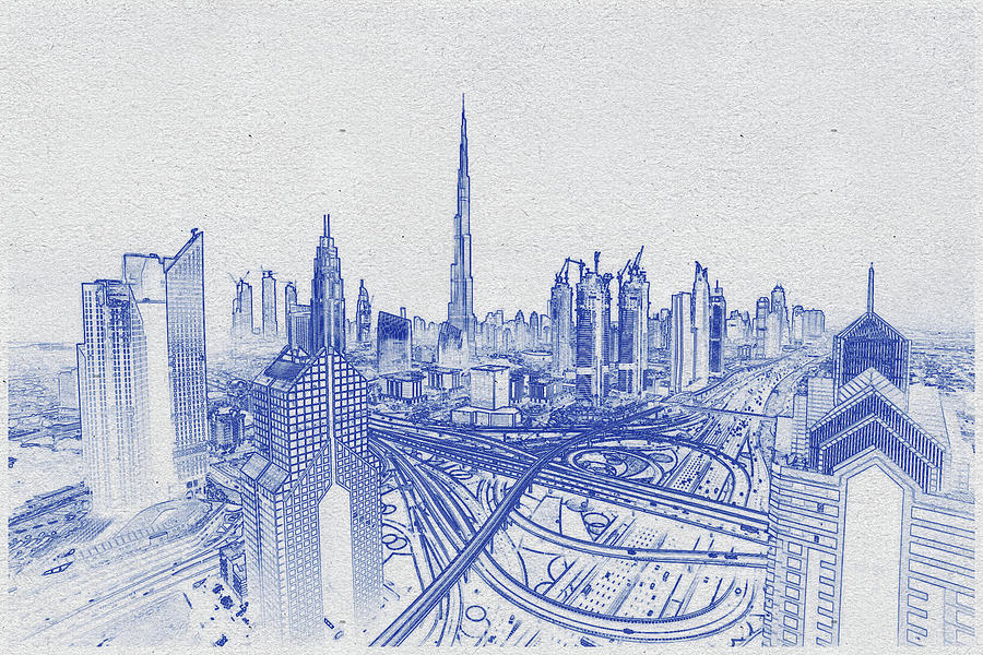 Blueprint drawing of Dubai Coastline downtown Digital Art by Celestial Images