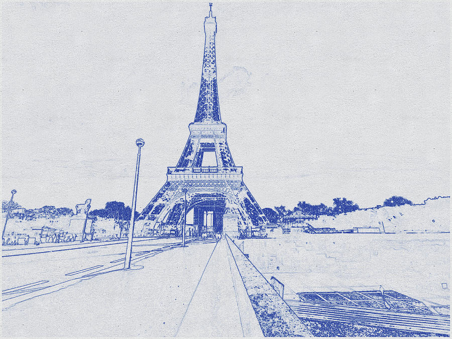 Blueprint drawing of Eiffel Tower near city road under sky at sunset Digital Art by Celestial Images