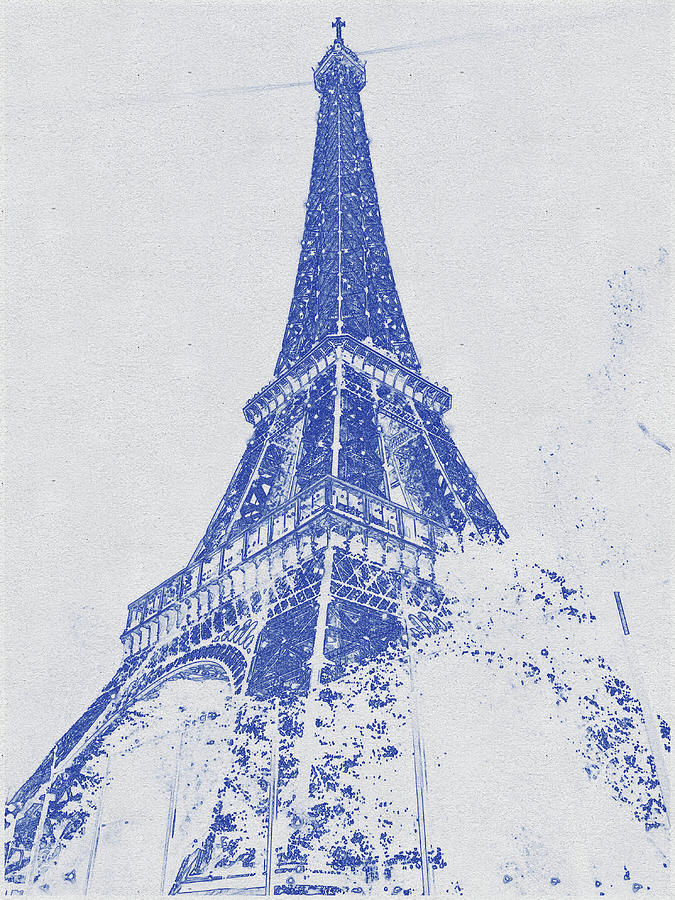Blueprint drawing of Eiffel Tower, Paris during Night Time Digital Art by Celestial Images