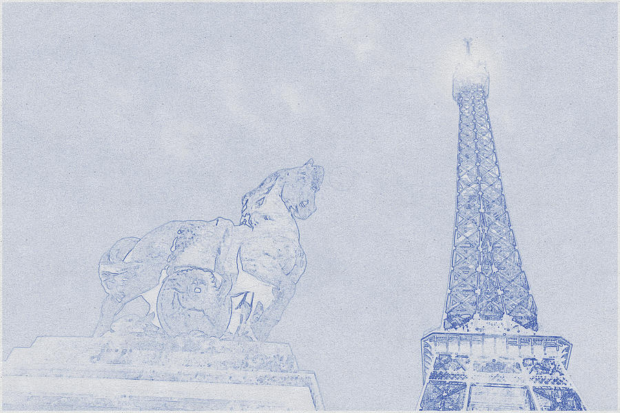 Blueprint Drawing Of Eiffel Tower, Paris_0013 Digital Art