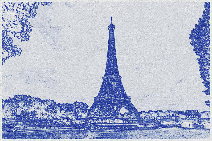 Blueprint drawing of Eiffel Tower Under Cloudy Sky Digital Art by Celestial Images