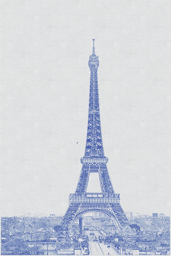 Blueprint drawing of Eiffel Tower Under Gray Sky Digital Art by Celestial Images