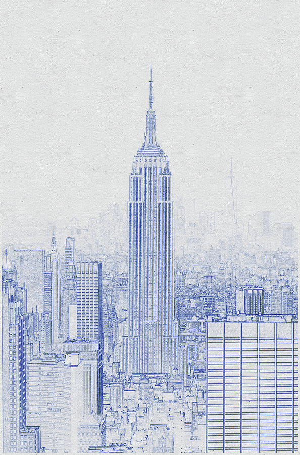 Blueprint Drawing Of Empire State Building, Nyc Skyline, New York, United States Digital Art
