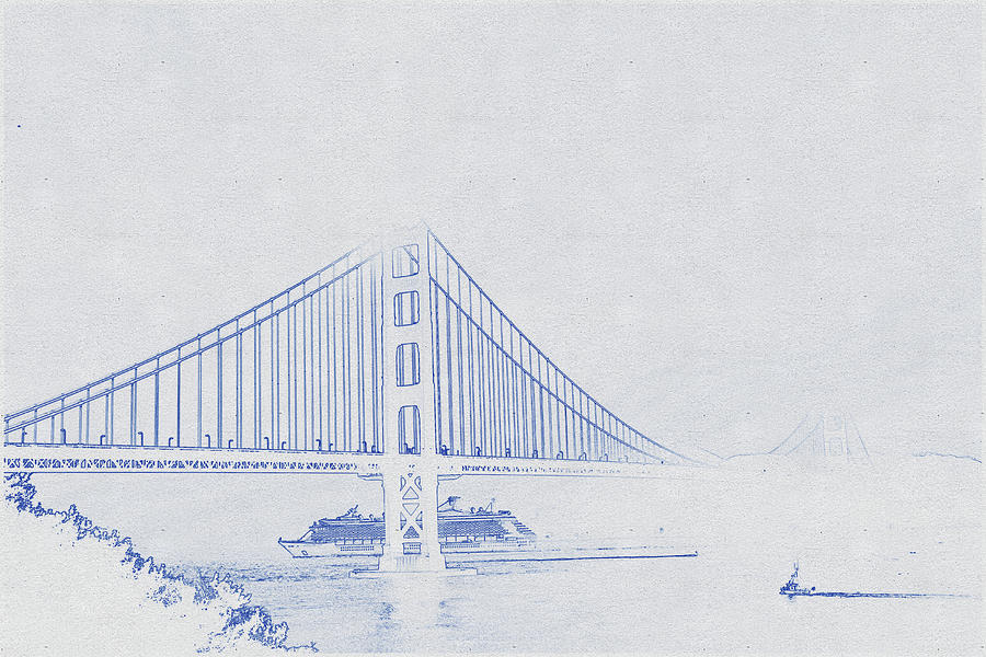 Blueprint Drawing Of Golden Gate Bridge In Grayscale Photography Digital Art