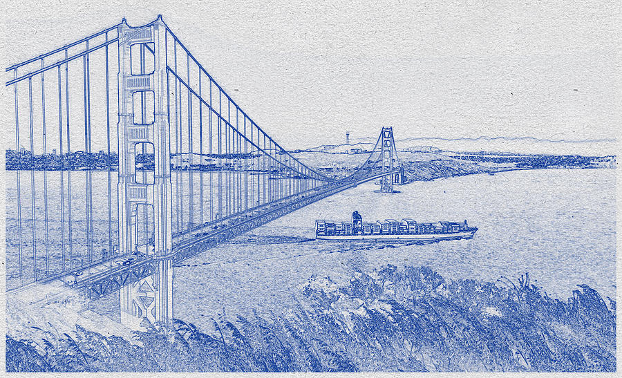 Architecture Digital Art - Blueprint drawing of Golden State Bridge, California by Celestial Images
