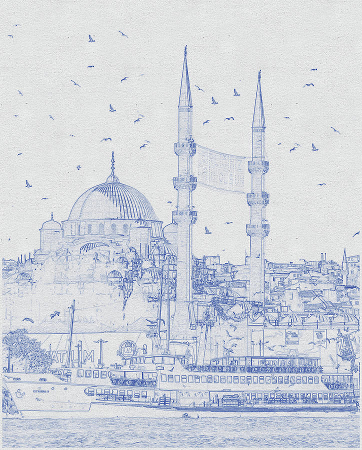 Architecture Digital Art - Blueprint drawing of Historical mosque at waterfront on sunny day by Celestial Images