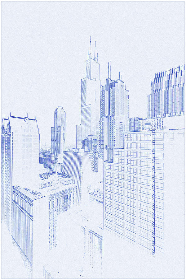 Blueprint  Drawing of Landmark - Chicago Skyline Painting by Celestial Images