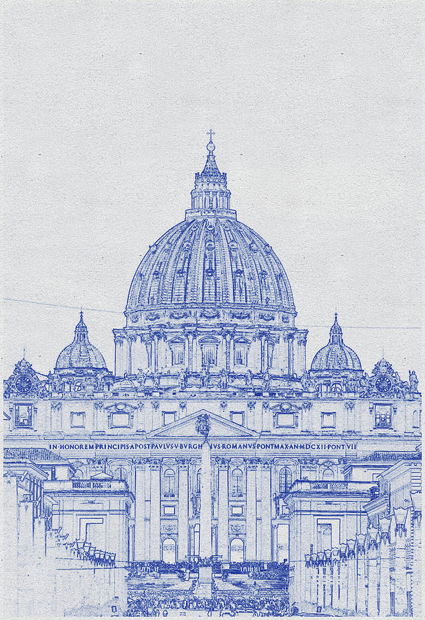 Architecture Digital Art - Blueprint drawing of White, Brown, and Blue Concrete Cathedral by Celestial Images