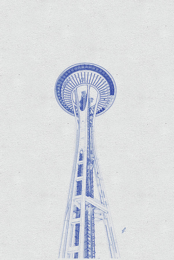 Architecture Digital Art - Blueprint drawing of white Space Needle tower by Celestial Images