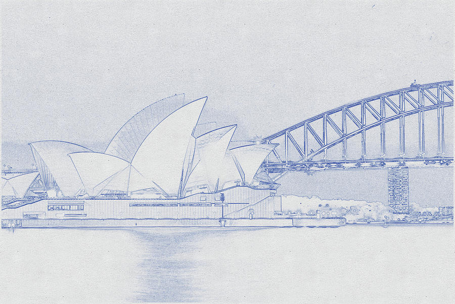 Architecture Digital Art - Blueprint drawing of White Sydney Opera House 1 by Celestial Images