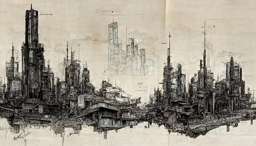 Blueprint  of  derelict  city  skyline  for  background  of    98f9a9c7  31c9  4ca8  be46  7a1519a83 Painting by MotionAge Designs