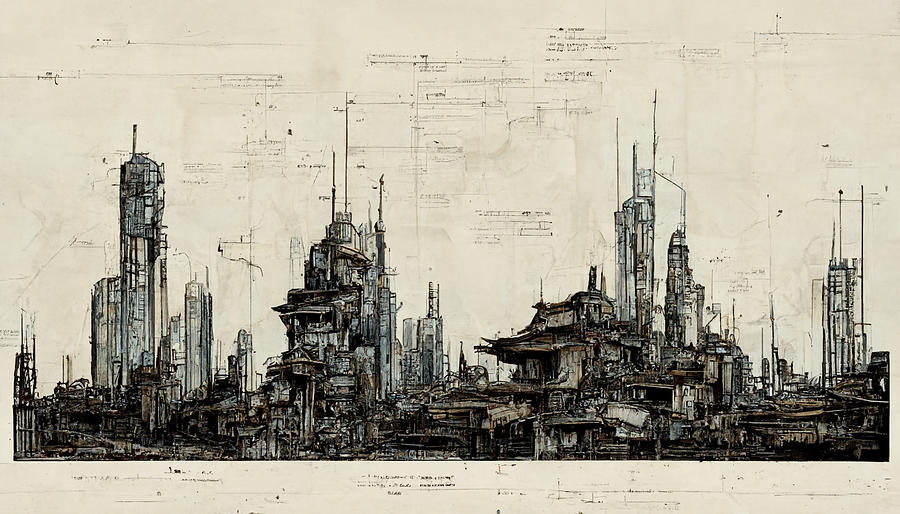 Blueprint  of  derelict  city  skyline  for  background  of    d07cf883  47cb  4c1e  a9f1  dd9367f37 Painting by MotionAge Designs