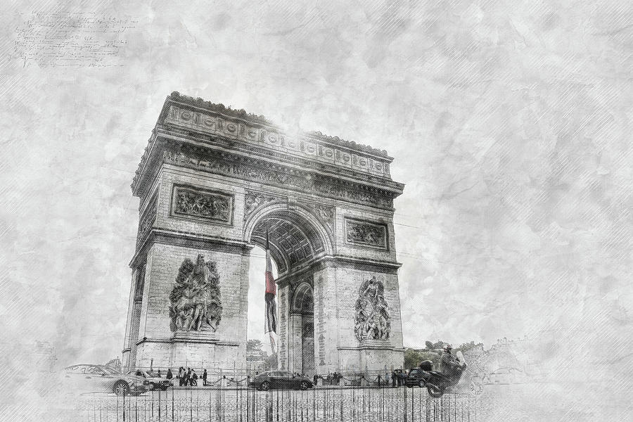 Blueprint Sketch Drawing of Landmark - Arc De Triomphe Painting by Celestial Images