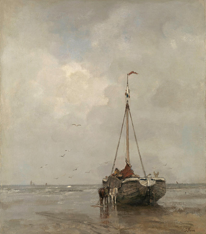 Jacob Maris Painting - Bluff-bowed Fishing Boat on the Beach at Scheveningen by Jacob Maris
