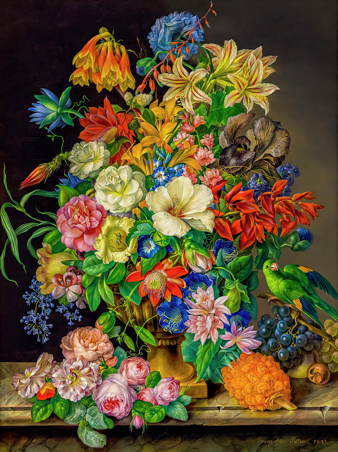 Flower Arrangement With Pineapple, Grapes and Parrot by Franz Xaver Petter Photograph by Carlos Diaz