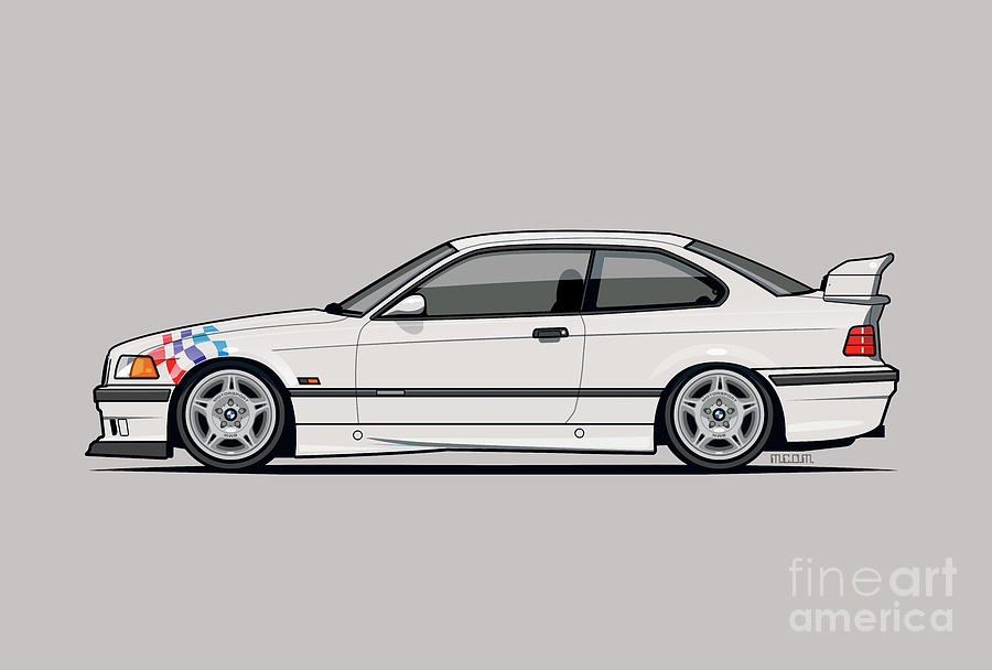 Car Digital Art - BMW 3 Series E36 M3 Coupe Lightweight White With Checkered Flag by Tom Mayer II Monkey Crisis On Mars