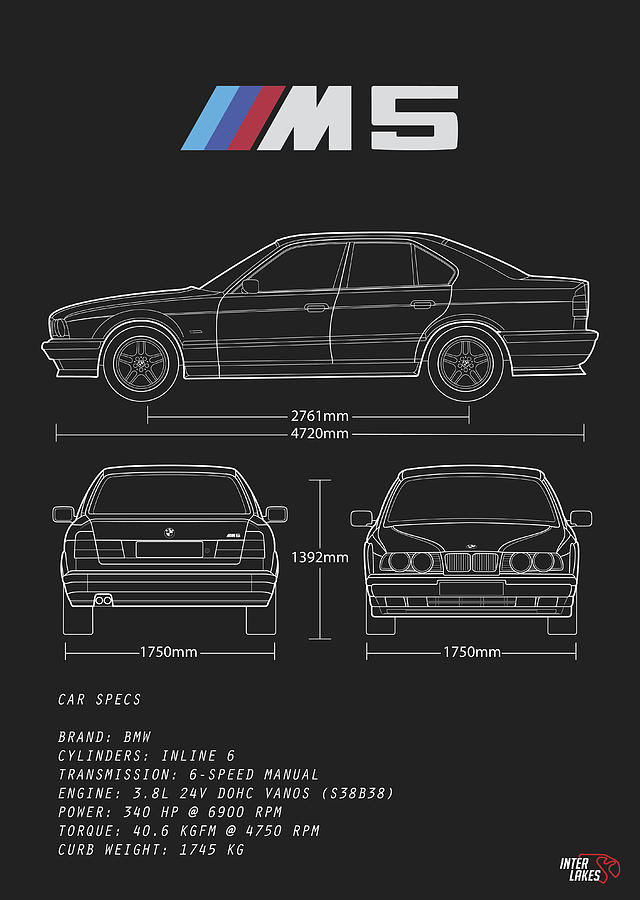 Bmw M5 E34 - Blueprint Interlakes Digital Art by Interlakes - Fine Art ...