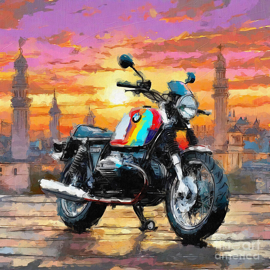 Sunset Painting - Bmw R65 Cafe Racer Superbikes German Motorcycle colors 3 by Edgar Dorice