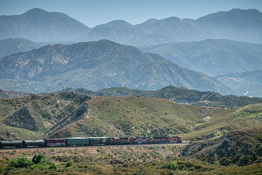 BNSF 5294, 8732, 158 and 7334 west bound in Cajon Pass California Photograph by Jim Pearson