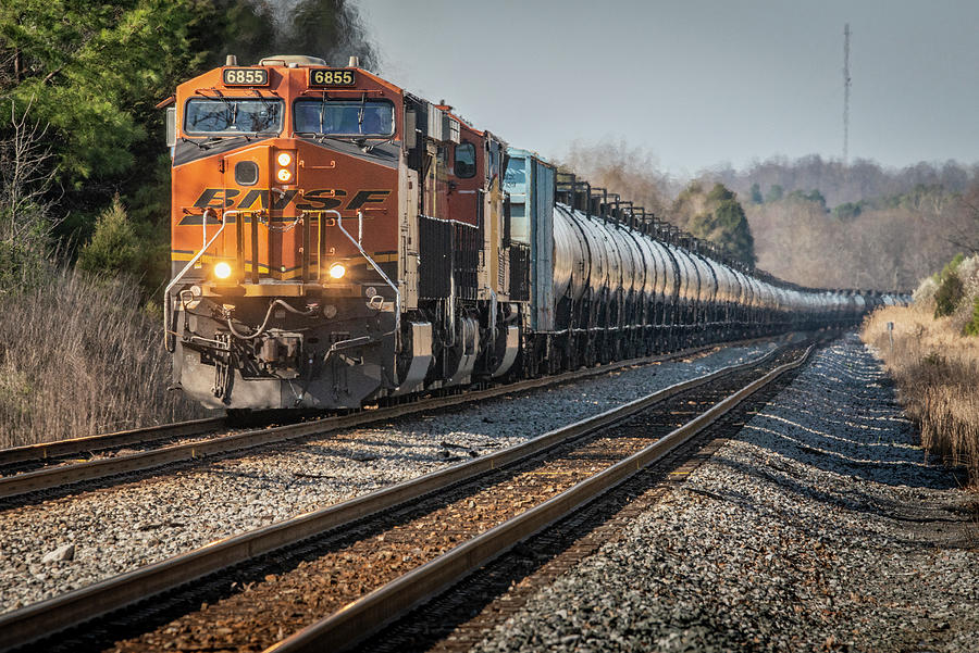 BNSF 6855 leads CSX K423-24 south at Slaughters Kentucky Photograph by Jim Pearson