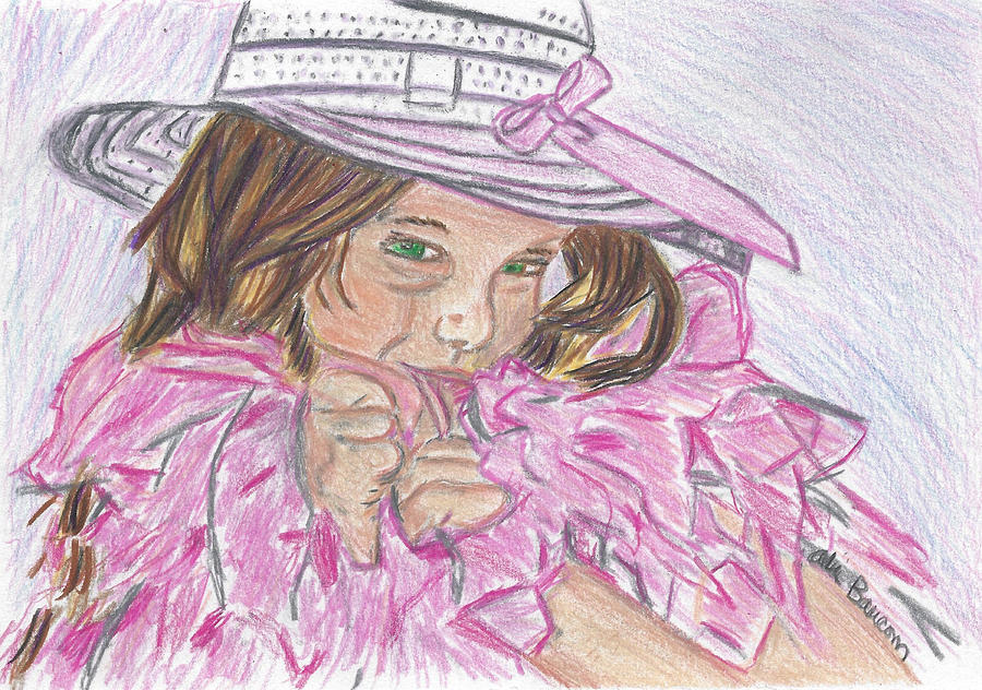 Boa Baby Colored Pencil Drawing of a Young Girl wearing a White Hat and Pink Feathery Boa Drawing by Ali Baucom