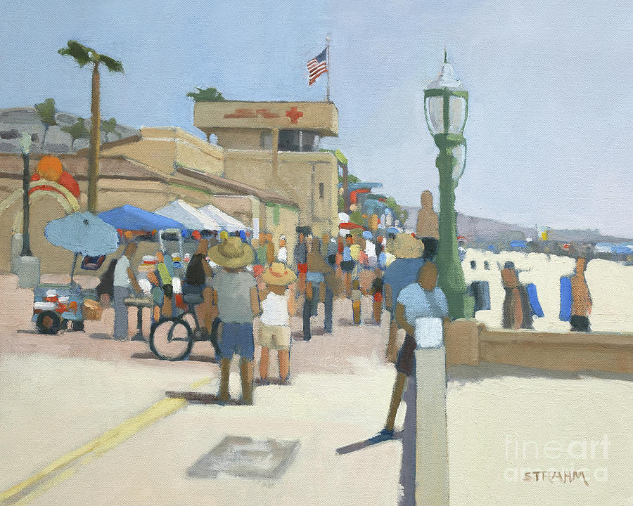 Boardwalk Activity by the Mission Beach Lifeguard Tower - San Diego, California Painting by Paul Strahm