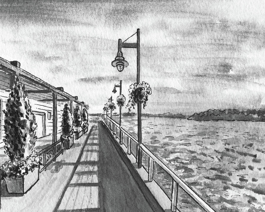 Boardwalk Bay Shore Gray Black And White Monochrome Watercolor  Painting by Irina Sztukowski