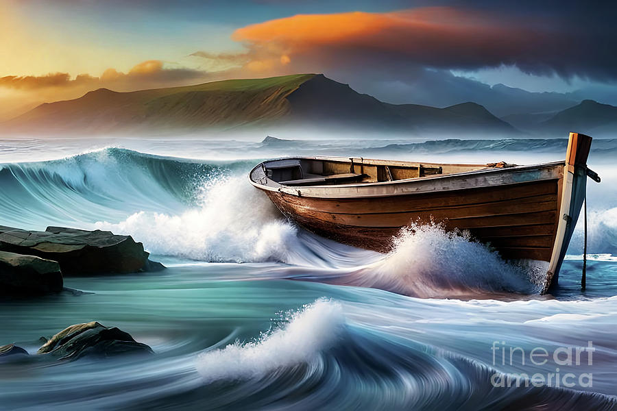 Boat Caught In Stormy Seas  Digital Art by Adrian Evans