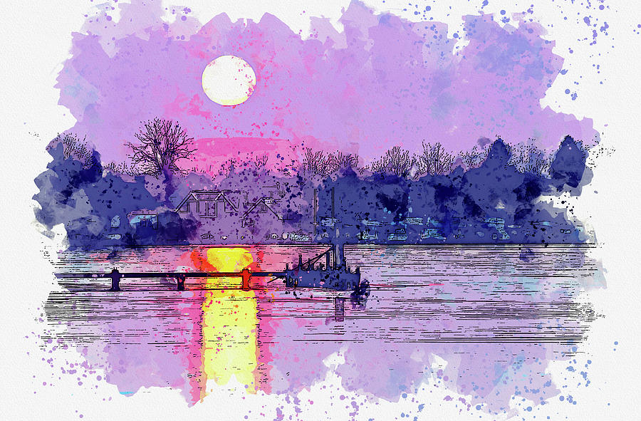 Boat Dock On Body Of Water During Golden Hour, Ca 2021 By Ahmet Asar, Asar Studios Painting